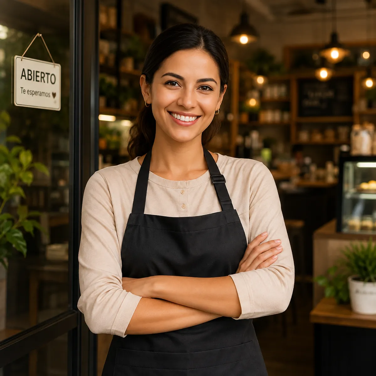 Comerciante sonriendo en la puerta de su local, junto al letrero de Abierto